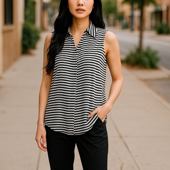 Theory Navy White Striped Silk Blouse in Excellent Pre Loved Condition - Picture 1 of 6
